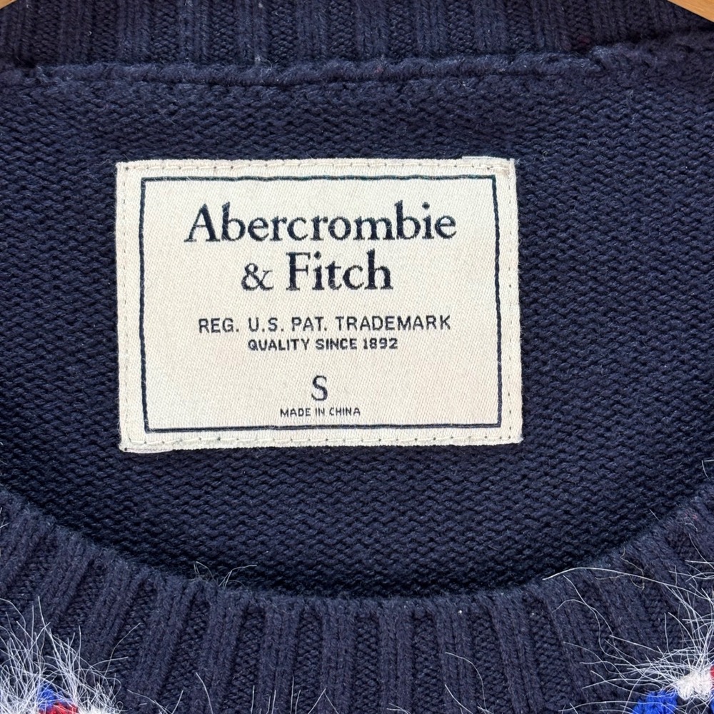 Abercrombie & Fitch Women's Sweater Navy Plaid Fuzzy Grid Knit Pullover Sz Small - Picture 2 of 8